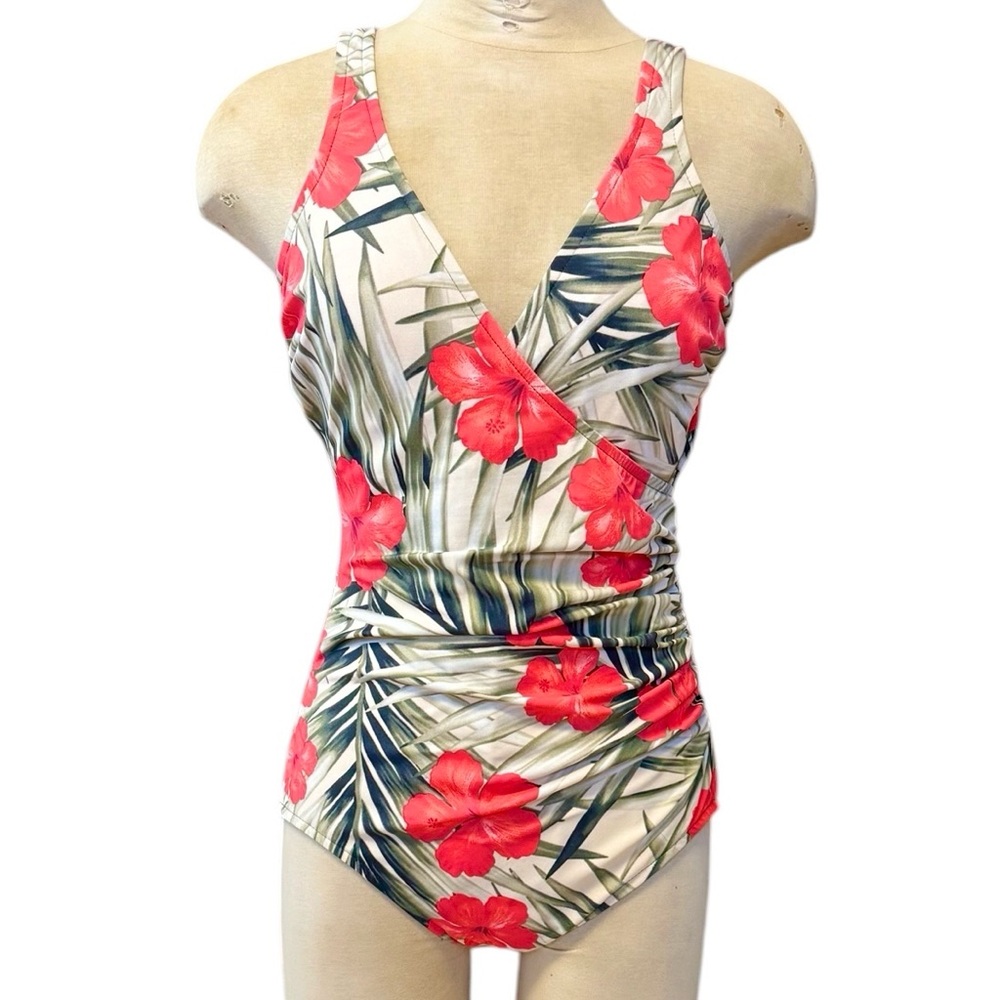 Lands' End Floral One-Piece Swimsuit in Cream, Green & Red